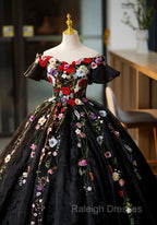 Black Off Shoulder Sweet 16 Dresses With Flowers, Black Ball Gown Formal Dress