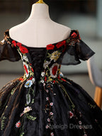 Black Off Shoulder Sweet 16 Dresses With Flowers, Black Ball Gown Formal Dress
