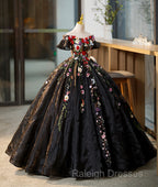 Black Off Shoulder Sweet 16 Dresses With Flowers, Black Ball Gown Formal Dress