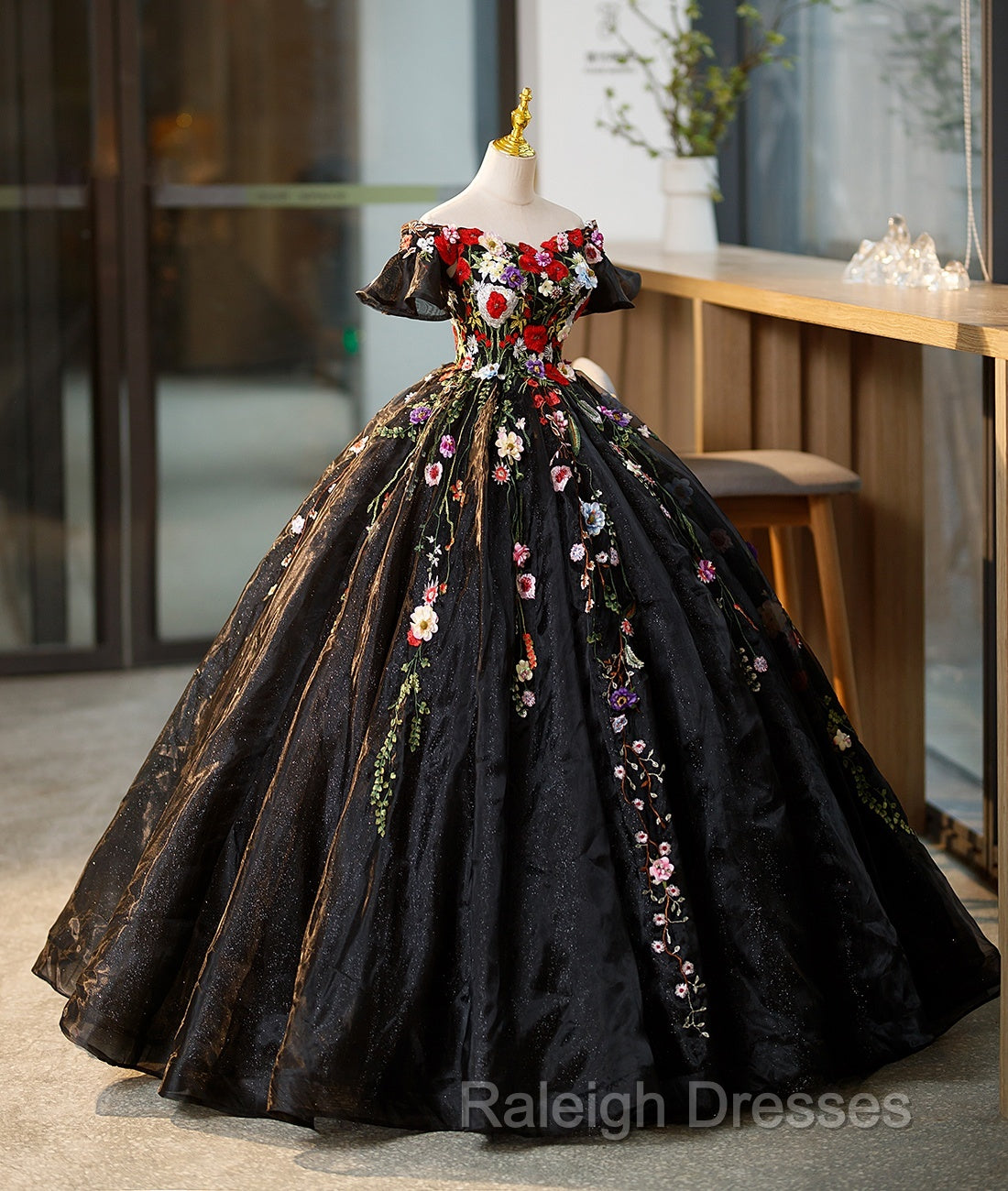 Black Off Shoulder Sweet 16 Dresses With Flowers, Black Ball Gown Formal Dress