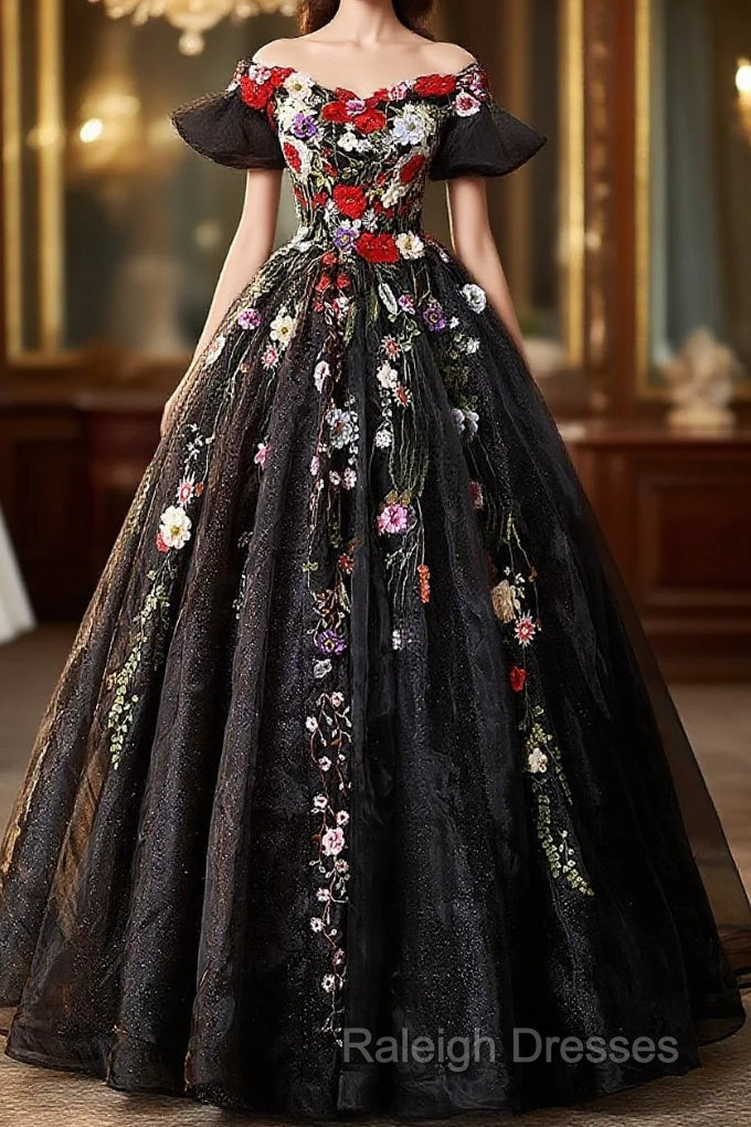 Black Off Shoulder Sweet 16 Dresses With Flowers, Black Ball Gown Formal Dress Main image