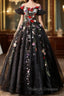 Black Off Shoulder Sweet 16 Dresses With Flowers, Black Ball Gown Formal Dress