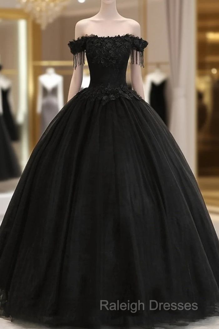 Black Off Shoulder Sweet 16 Formal Dress With Lace, Black Long Prom Dress Main image