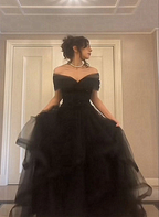 Black Off Shoulder Sweetheart Tulle Prom Dresses Black Tulle A-Line Prom Dresses