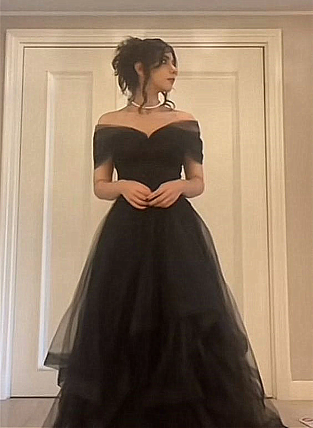 Black Off Shoulder Sweetheart Tulle Prom Dresses Black Tulle A-Line Prom Dresses