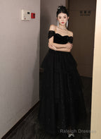 Black Off Shoulder Sweetheart Velvet And Tulle Prom Dress, Black Sweet 16 Dress