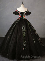 Black Off Shoulder Tulle Ball Gown Sweet 16 Dress, Black Floral Prom Dress Party Dress