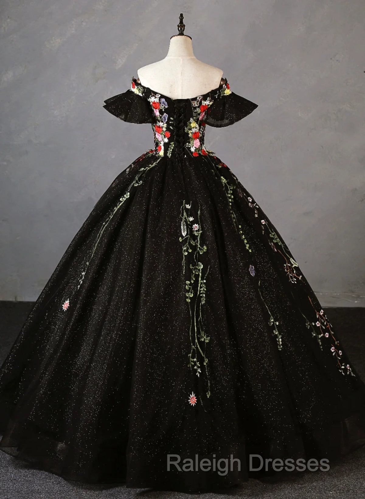 Black Off Shoulder Tulle Ball Gown Sweet 16 Dress, Black Floral Prom Dress Party Dress