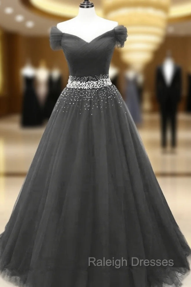 Black Off Shoulder Tulle Lace Beaded A-line Prom Dress, Black Junior Party Dresses