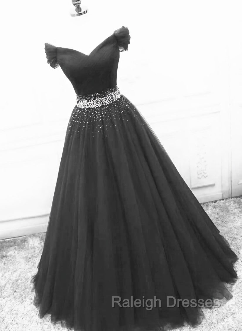 Black Off Shoulder Tulle Lace Beaded A-line Prom Dress, Black Junior Party Dresses Main image
