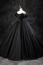 Black Off Shoulder Tulle Lace-Up Sweet 16 Dress, Black Long Party Dress Prom Dress