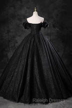 Black Off Shoulder Tulle Lace-Up Sweet 16 Dress, Black Long Party Dress Prom Dress