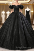 Black Off Shoulder Tulle Lace-Up Sweet 16 Dress, Black Long Party Dress Prom Dress