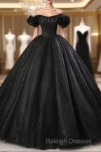 Black Off Shoulder Tulle Lace-Up Sweet 16 Dresses Black Long Prom Dresseses