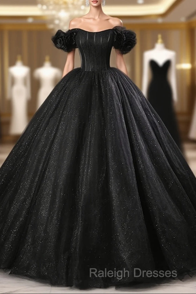 Black Off Shoulder Tulle Lace-Up Sweet 16 Dresses Black Long Prom Dresseses