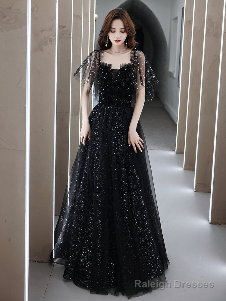 Black Off Shoulder Tulle Long Prom Dress, A-Line Black Shiny Tulle Formal Dress Secondary image