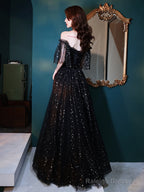 Black Off Shoulder Tulle Long Prom Dress, A-Line Black Shiny Tulle Formal Dress