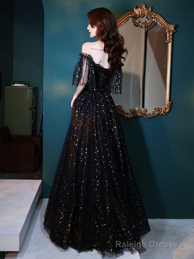 Black Off Shoulder Tulle Long Prom Dress, A-Line Black Shiny Tulle Formal Dress