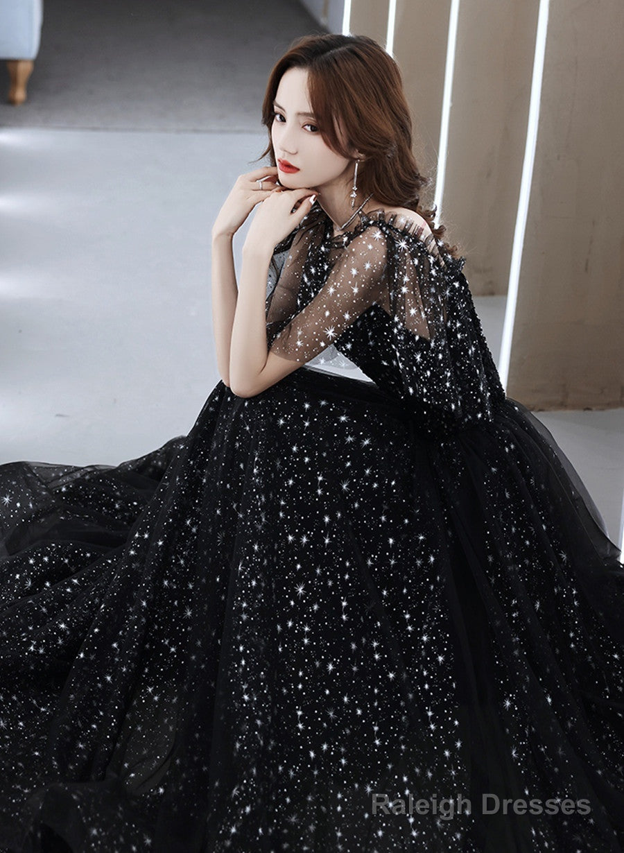 Black Off Shoulder Tulle Long Prom Dress, A-Line Black Shiny Tulle Formal Dress Main image
