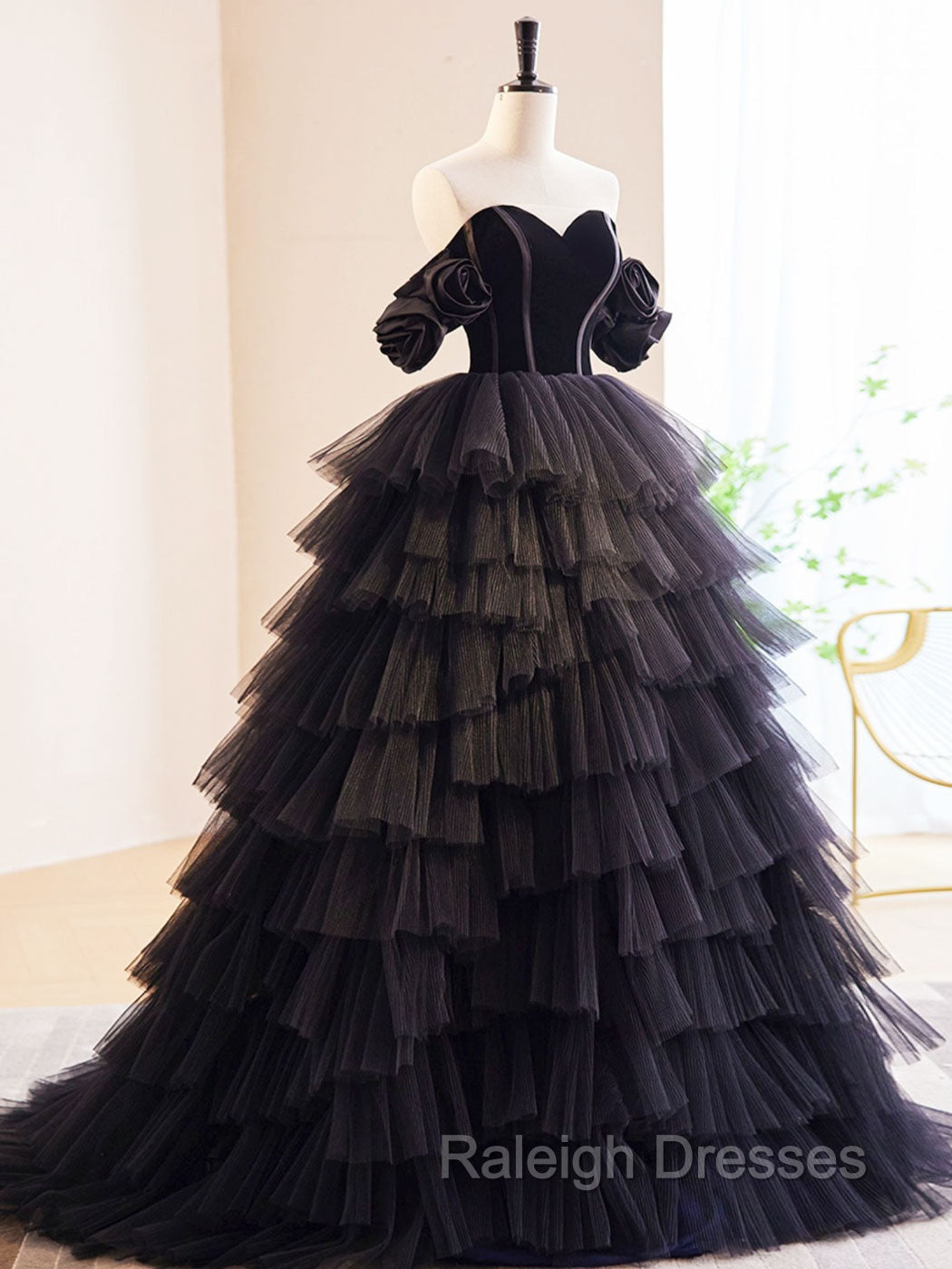 Black Off Shoulder Tulle Long Prom Dress, Black Formal Evening Dress Secondary image