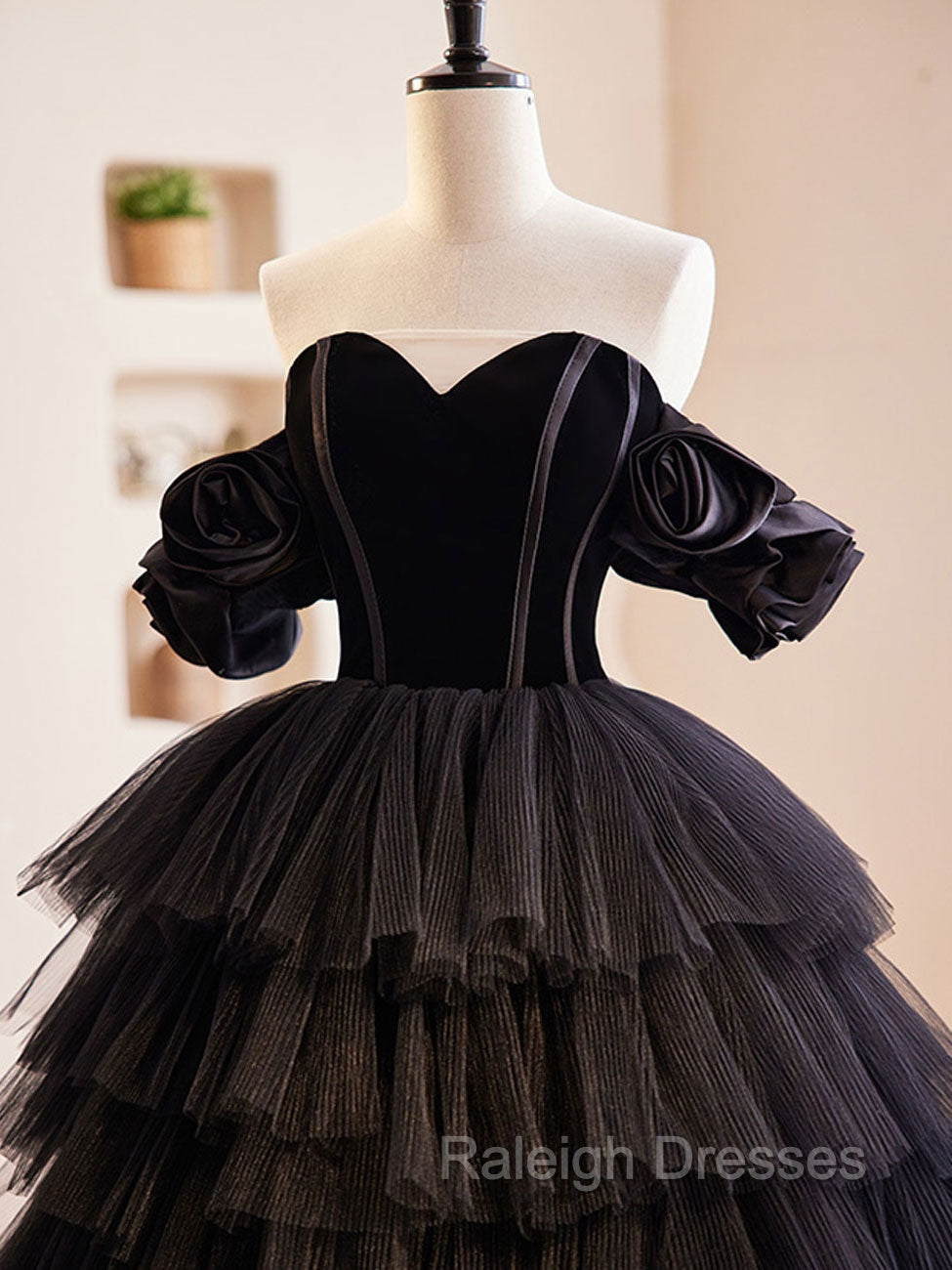 Black Off Shoulder Tulle Long Prom Dress, Black Formal Evening Dress
