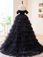 Black Off Shoulder Tulle Long Prom Dress, Black Formal Prom Dress
