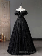 Black Off Shoulder Tulle Long Prom Dress, Black Formal Evening Dresses