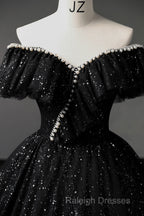 Black Off Shoulder Tulle Long Prom Dress, Black Formal Evening Dresses