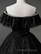 Black Off Shoulder Tulle Long Prom Dress, Black Formal Evening Dresses