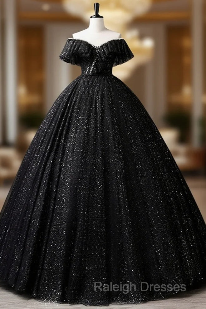 Black Off Shoulder Tulle Long Prom Dress, Black Formal Evening Dresses
