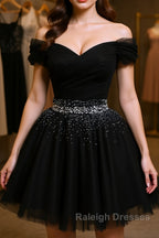 Black Off Shoulder Tulle Sequin Short Prom Dress, Black Homecoming Dresses