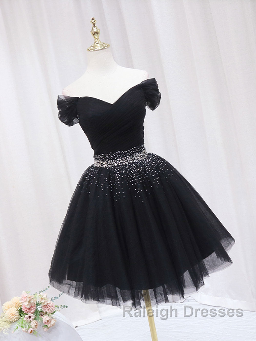 Black Off Shoulder Tulle Sequin Short Prom Dress, Black Homecoming Dresses Secondary image