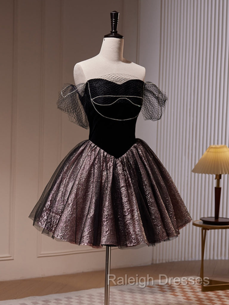Black Off Shoulder Tulle Short Prom Dresses Black Homecoming Dresses