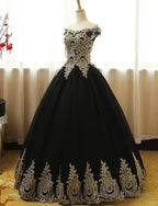 Black Off Shoulder Tulle Sweet 16 Gowns With Gold Applique, Charming Evening Gowns