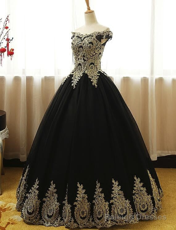 Black Off Shoulder Tulle Sweet 16 Gowns With Gold Applique, Charming Evening Gowns