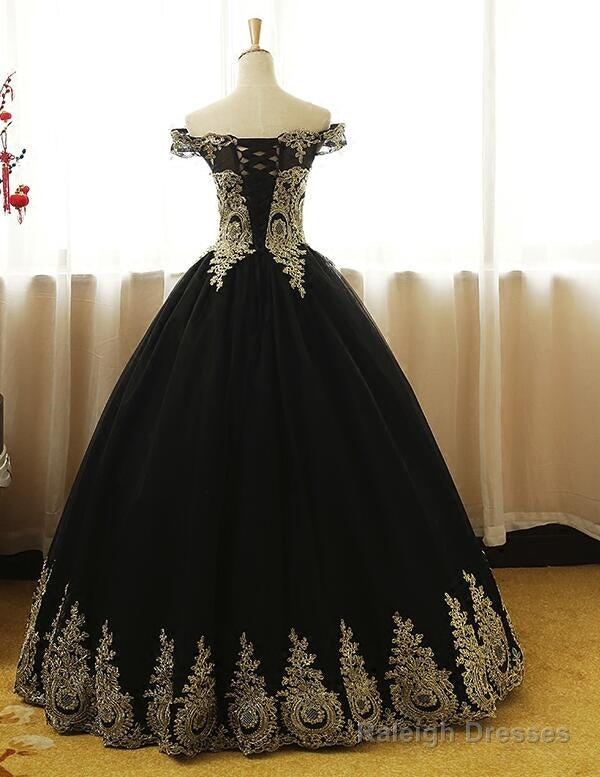 Black Off Shoulder Tulle Sweet 16 Gowns With Gold Applique, Charming Evening Gowns