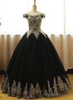 Black Off Shoulder Tulle Sweet 16 Gowns With Gold Applique, Charming Evening Gowns
