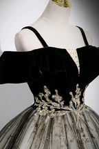 Black Off Shoulder Tulle With Lace Long Prom Dresses Black Sweet 16 Dresses