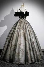 Black Off Shoulder Tulle With Lace Long Formal Dress, Black Sweet 16 Dress