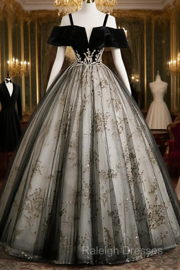 Black Off Shoulder Tulle With Lace Long Formal Dress, Black Sweet 16 Dress Main image