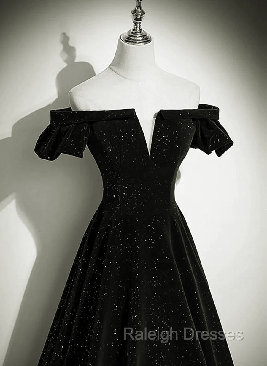 Black Off Shoulder Velvet Long Prom Dress, Black Simple Prom Dress Secondary image
