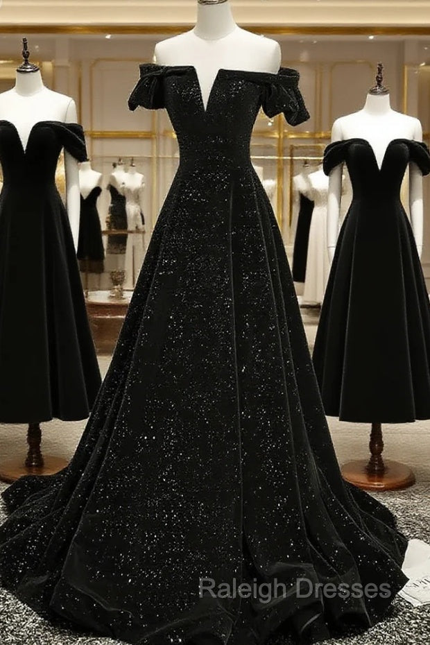 Black Off Shoulder Velvet Long Party Dress Prom Dress, Black Simple Evening Dress Main image