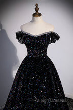 Black Off the Shoulder Beaded Long Formal Dress, Black Shiny Sequins Evening Dress