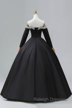 Black Off the Shoulder Pearls Long Sleeve Prom Dress, A-Line Evening Party Dress with Slit