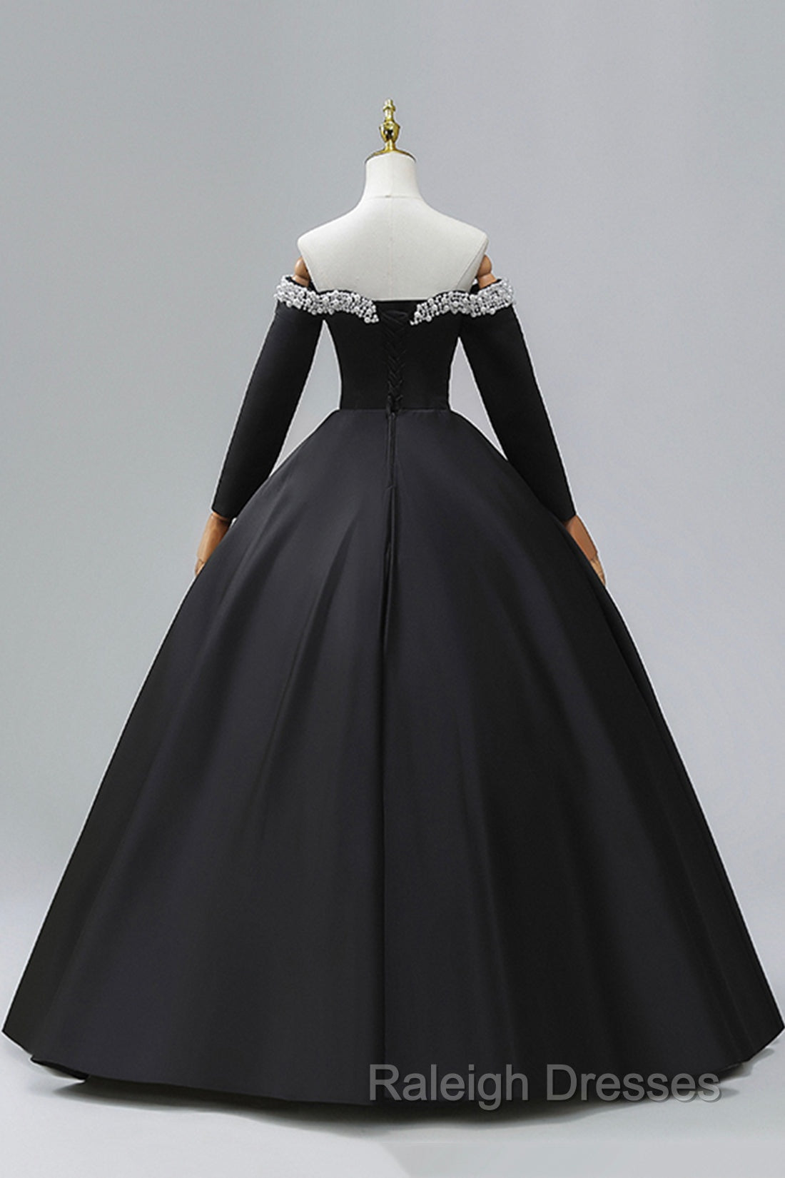 Black Off the Shoulder Pearls Long Sleeve Prom Dress, A-Line Evening Party Dress with Slit