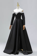 Black Off the Shoulder Pearls Long Sleeve Prom Dress, A-Line Evening Party Dress with Slit