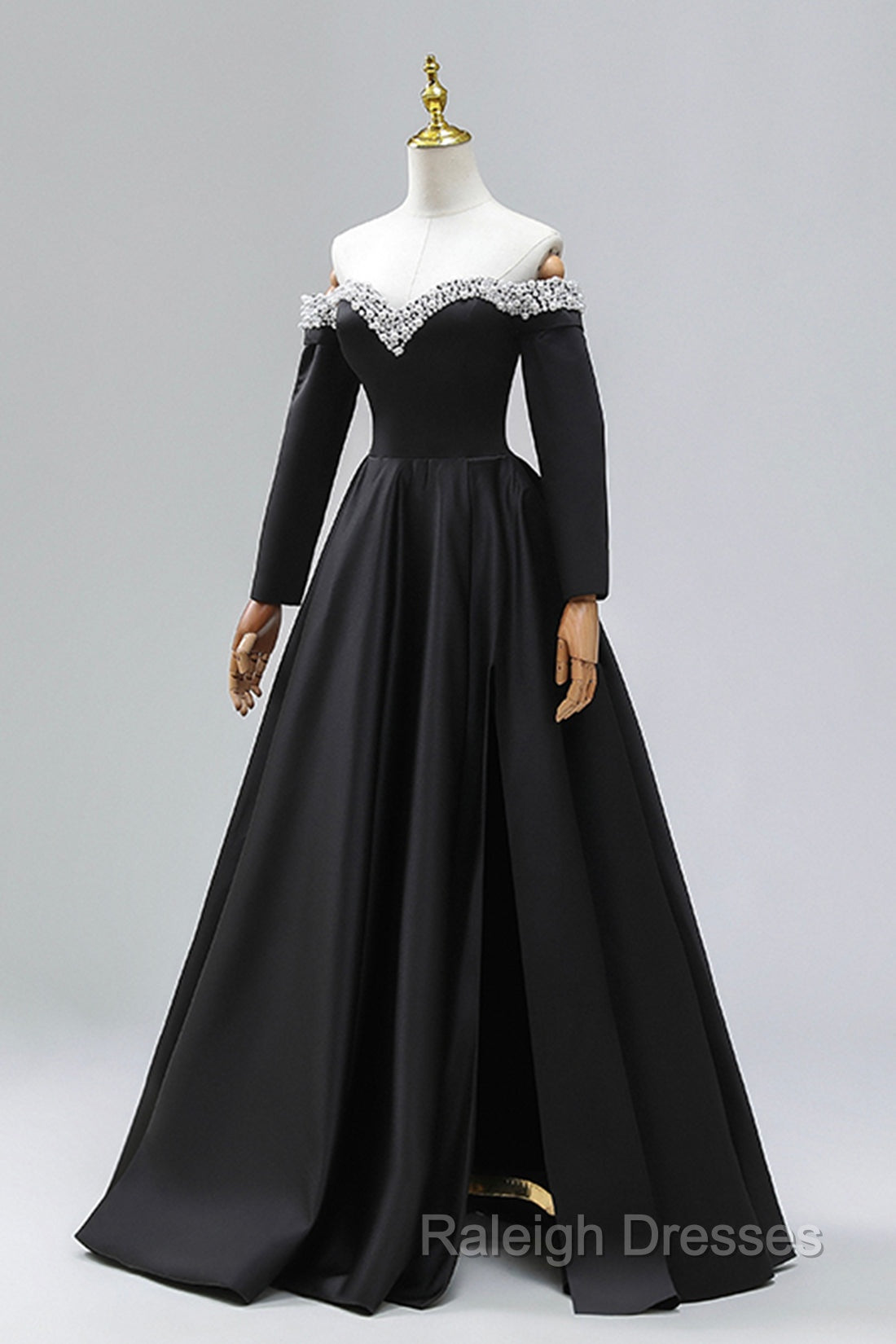 Black Off the Shoulder Pearls Long Sleeve Prom Dress, A-Line Evening Party Dress with Slit