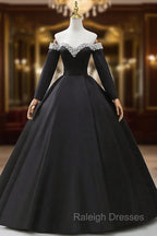 Black Off the Shoulder Pearls Long Sleeve Prom Dress, A-Line Evening Party Dress with Slit
