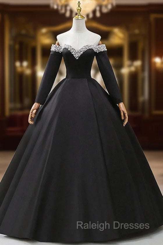 Black Off the Shoulder Pearls Long Sleeve Prom Dress, A-Line Evening Party Dress with Slit