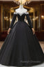 Black Off the Shoulder Pearls Long Sleeve Prom Dress, A-Line Evening Party Dress with Slit